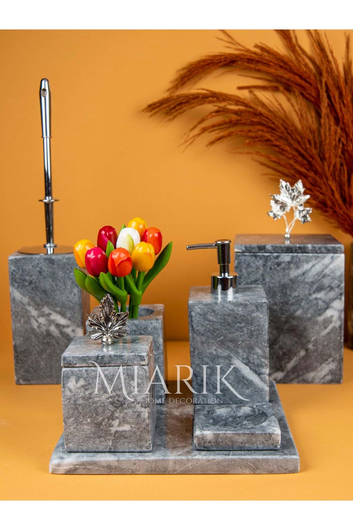 Dekoratif Mermer Aksesuar Detaylı 7 Li Kare Banyo Seti Takımı resmi