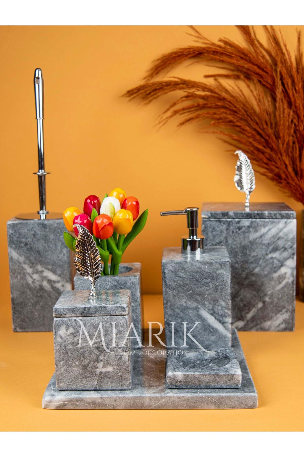 Dekoratif Mermer Aksesuar Detaylı 7 Li Kare Banyo Seti Takımı resmi