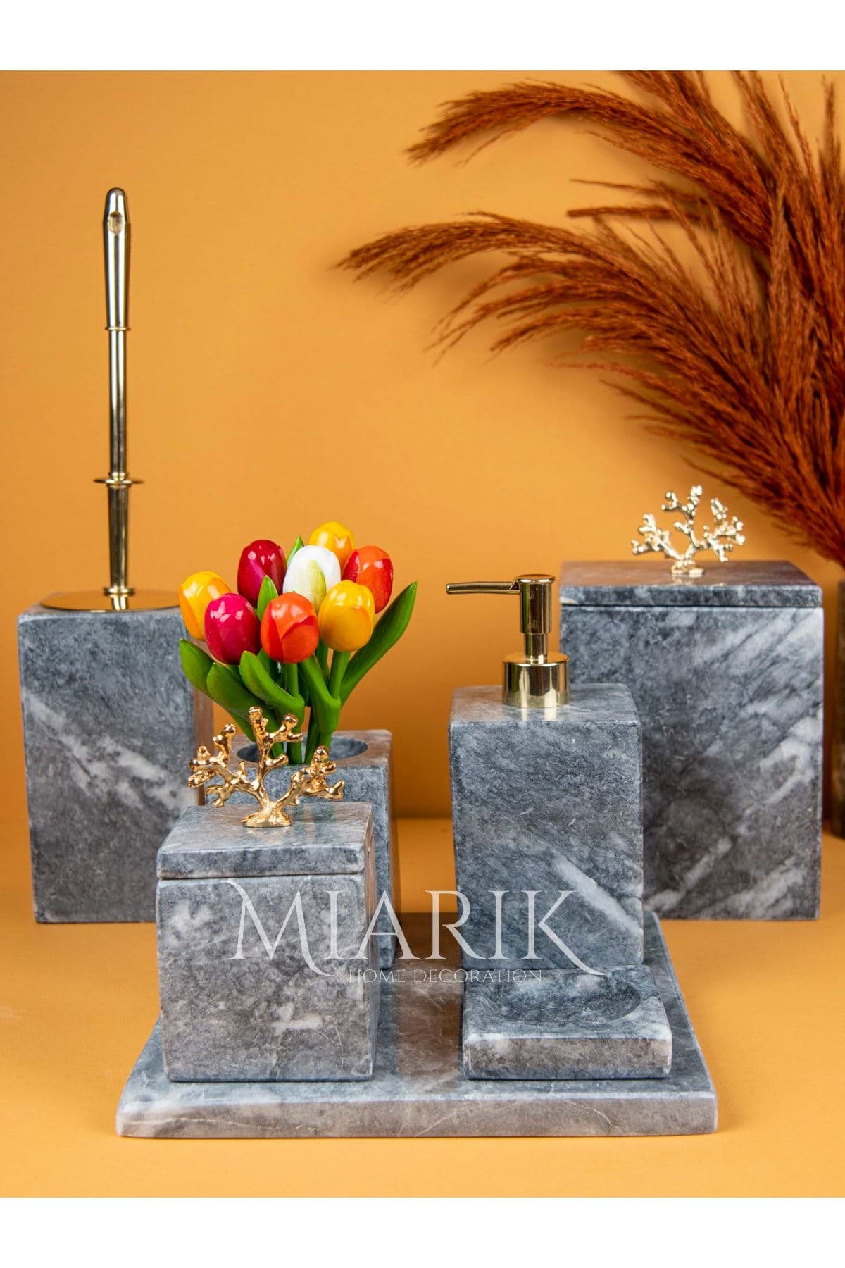 Dekoratif Mermer Aksesuar Detaylı 7 Li Kare Banyo Seti Takımı resmi