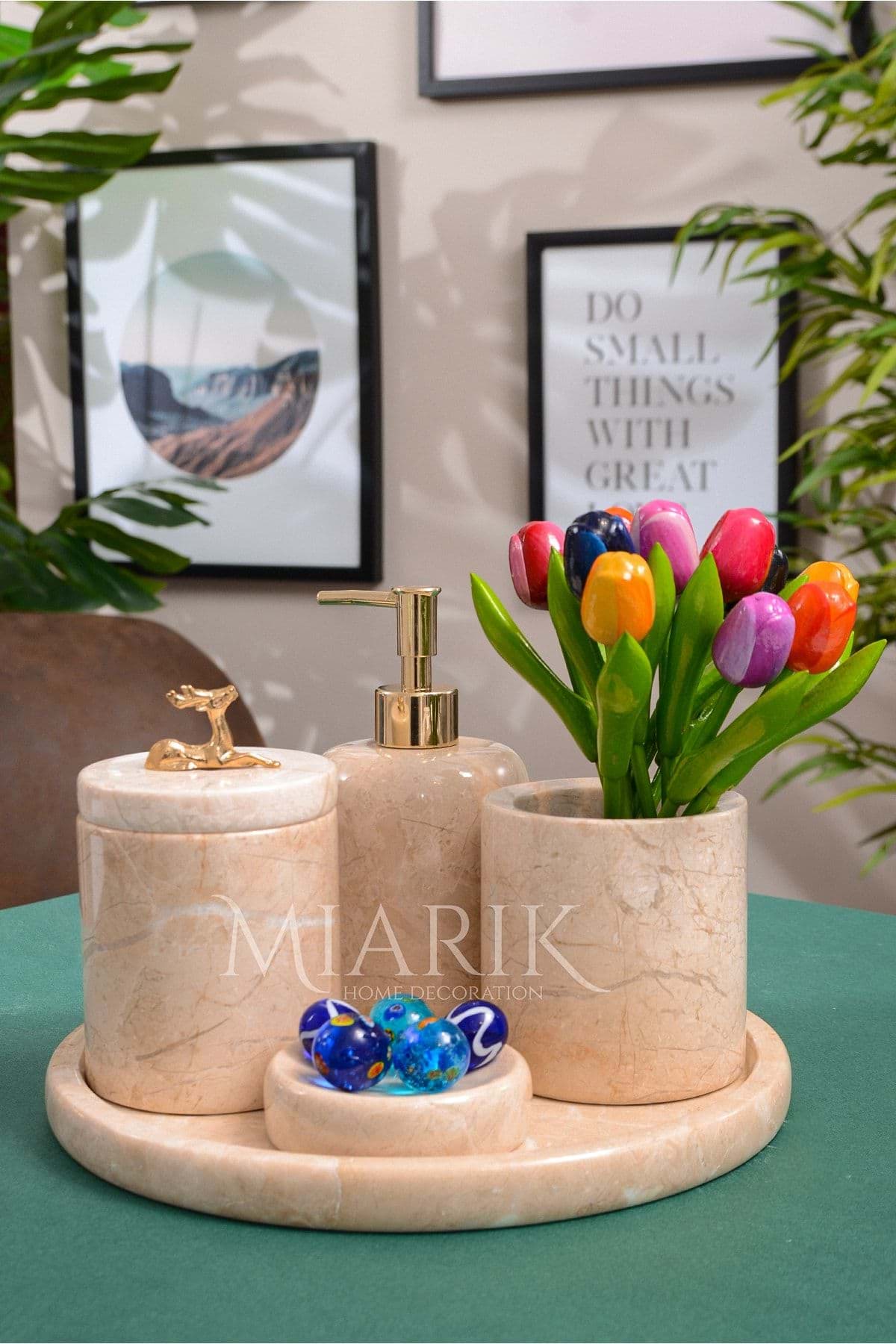 Dekoratif Mermer 5'li Geyik Detaylı Banyo Seti Takımı resmi