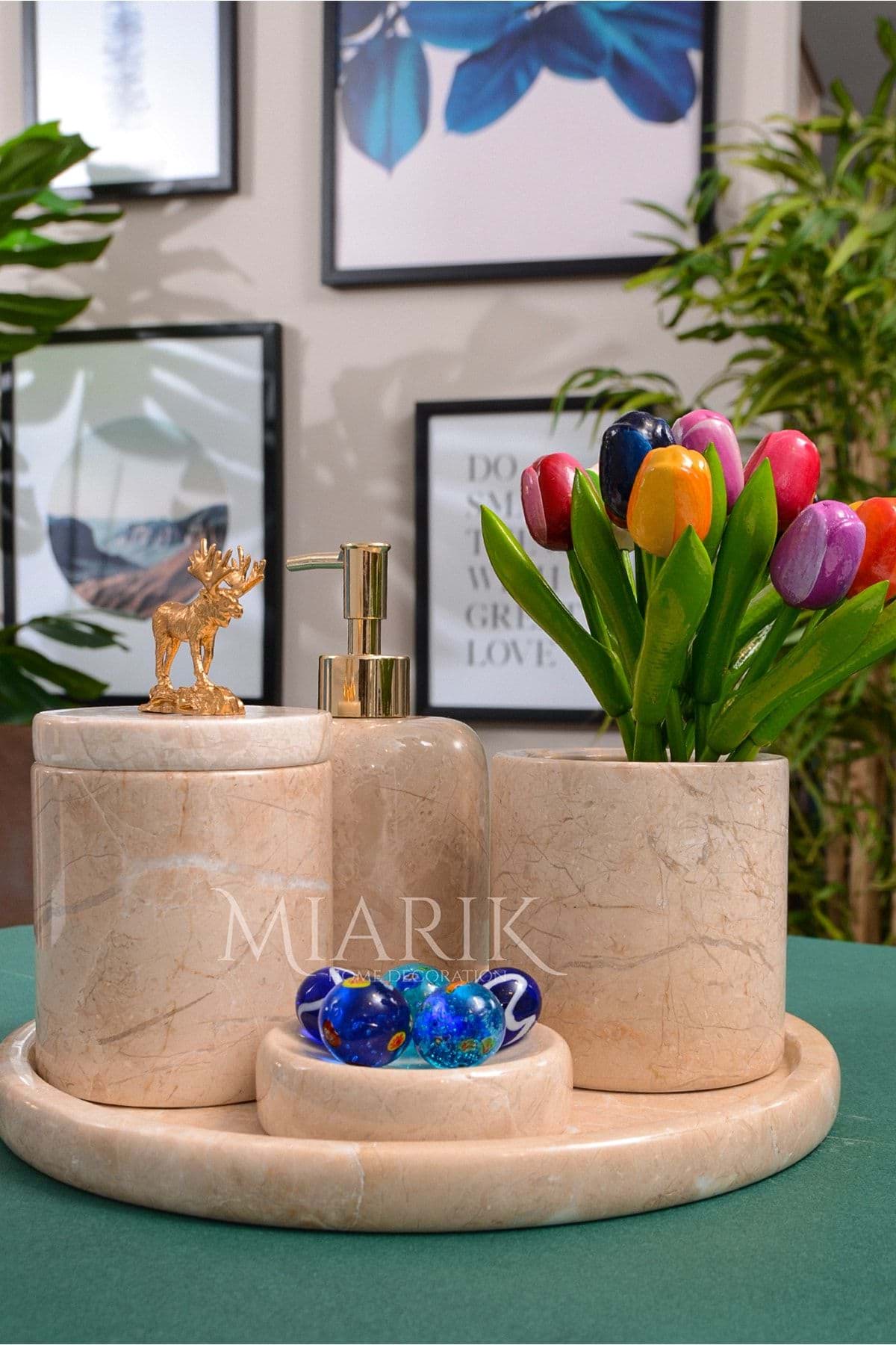 Dekoratif Mermer 5 Li Geyik Detaylı Banyo Seti Takımı resmi