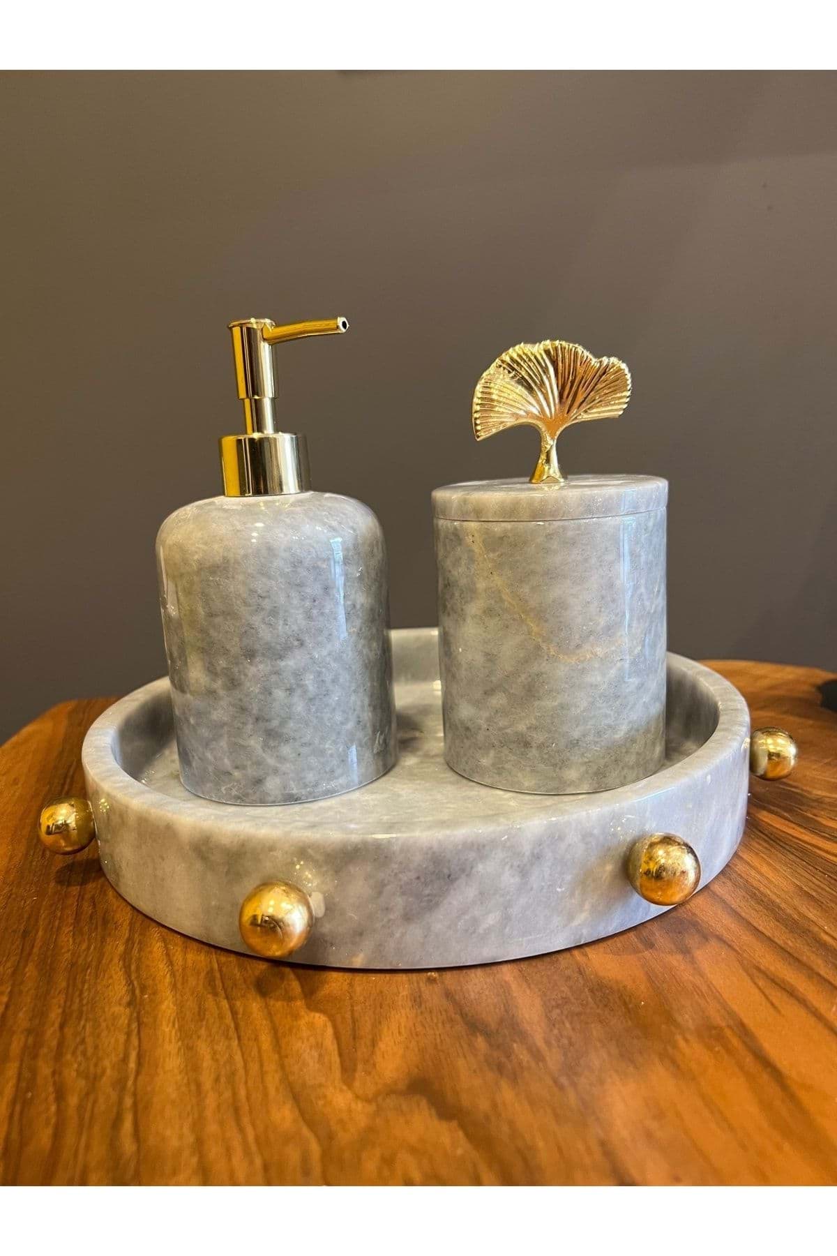 Dekoratif Gri Mermer Altın Top Kabare Detaylı 4 Lu Banyo Seti Takımı resmi