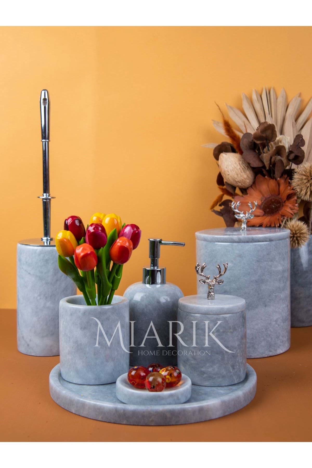 Dekoratif Gri Mermer Gümüş Geyık Detaylı 7 Li Banyo Seti Takımı resmi