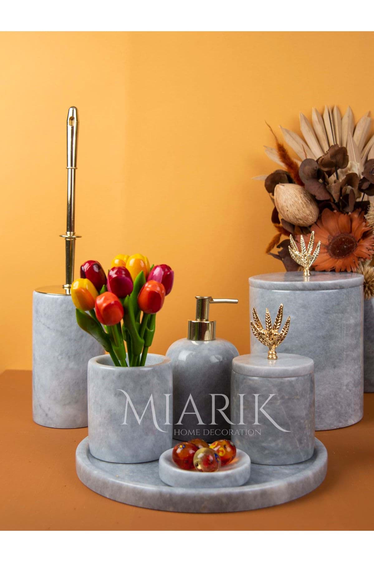 Dekoratif Mermer Gold Zeytın Dalı Detaylı 7 Li Banyo Seti Takımı resmi