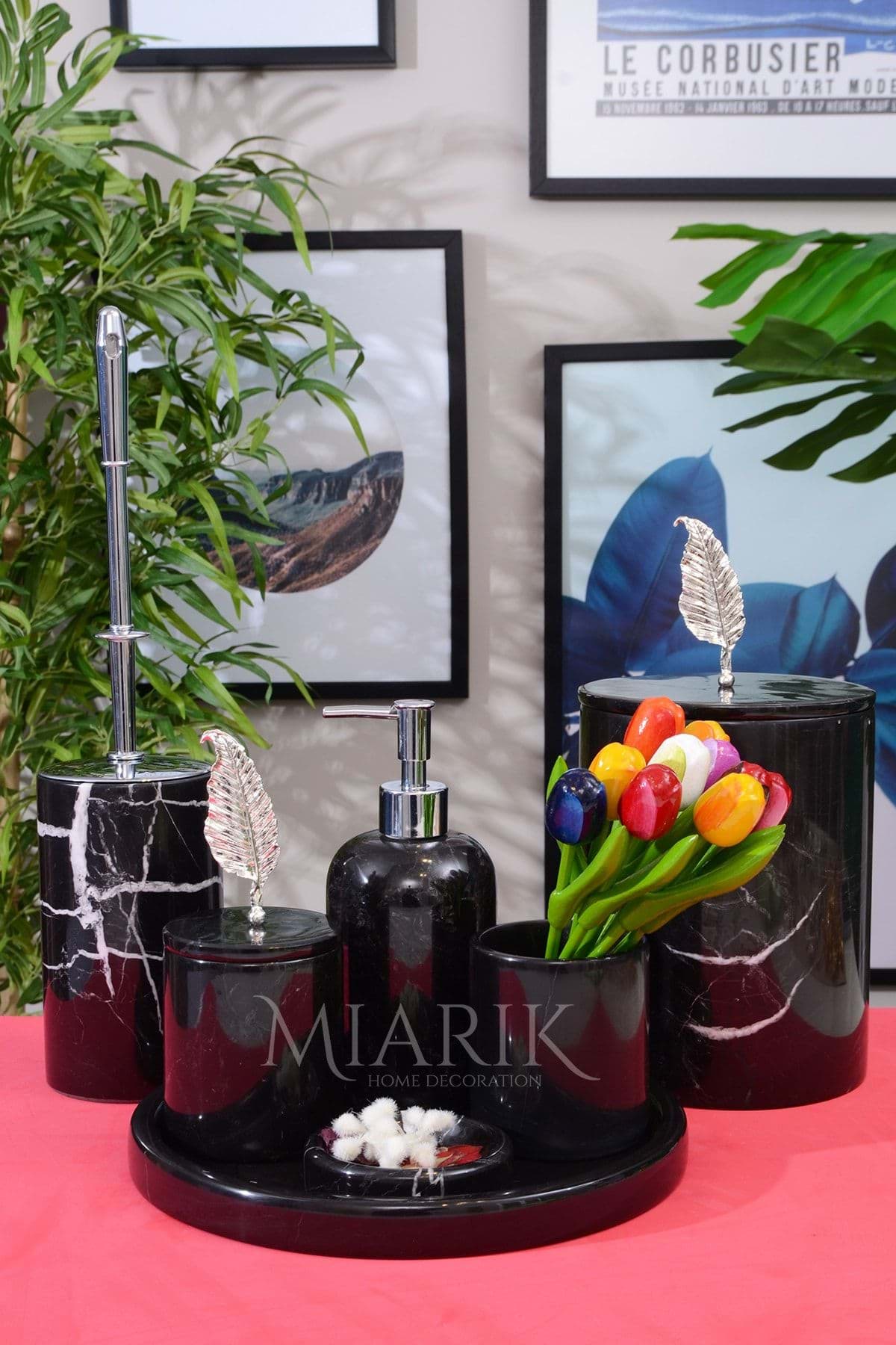 Dekoratif Mermer Sılver Yaprak Detaylı 7li Banyo Seti Takımı resmi