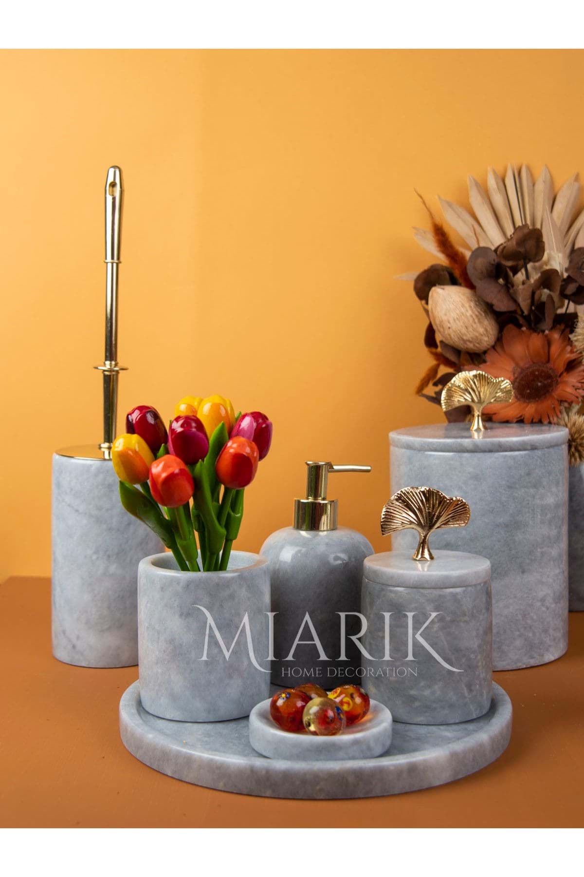 Dekoratif Mermer Gold Gınko Cıcek Detaylı 7 Li Banyo Seti Takımı resmi