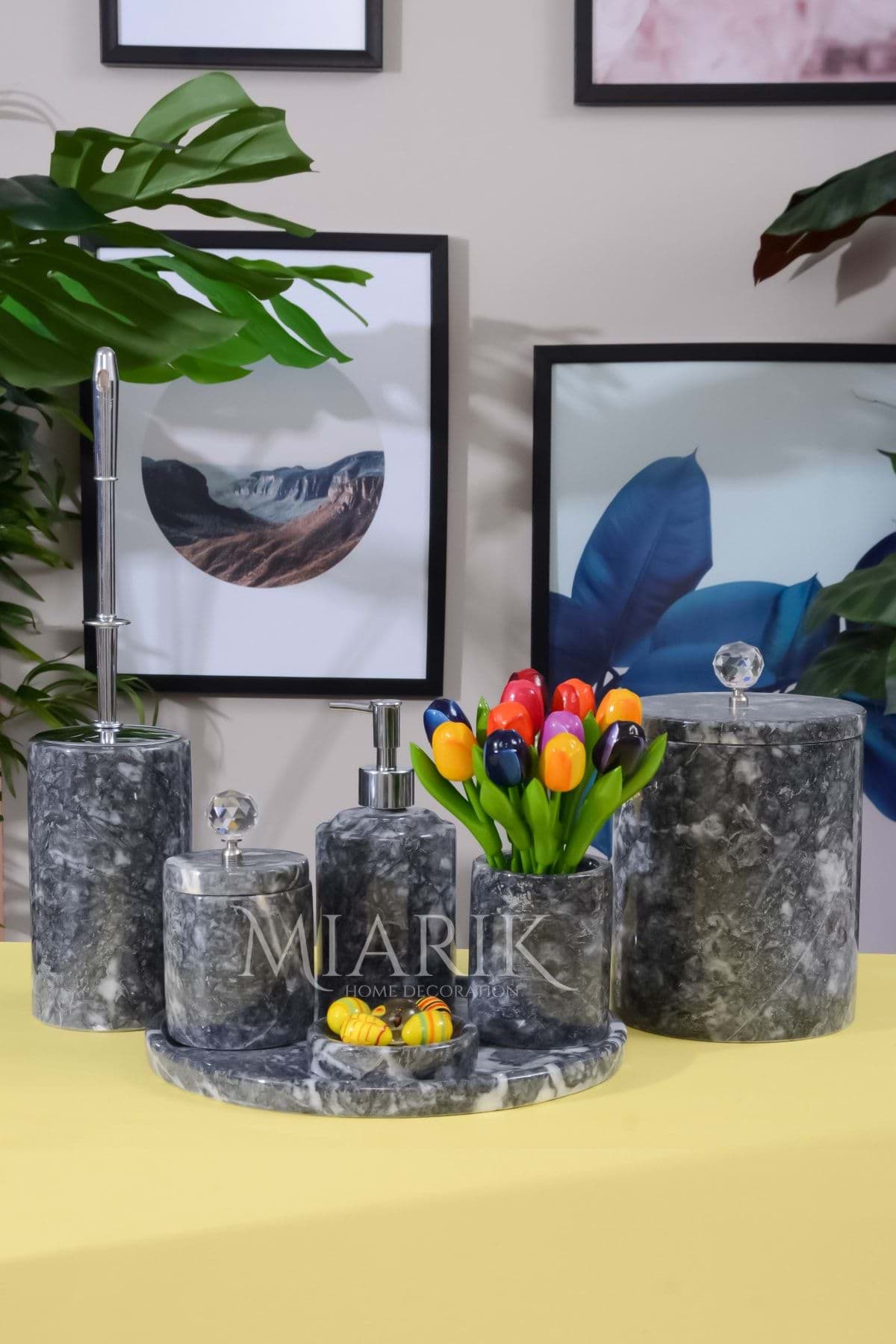 Dekoratif Koyu Grı Bursa Siyahı Mermer Sılver Krıstal Detaylı 7li Banyo Seti Takımı resmi