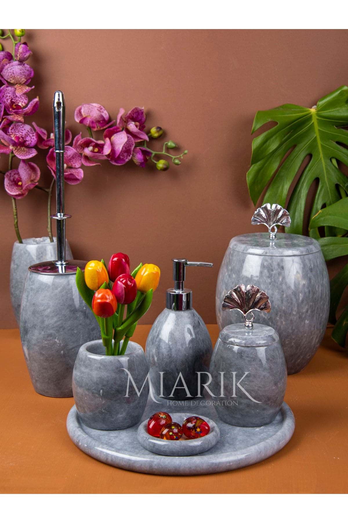 Dekoratif Gri Mermer Banyo Seti Takımı 7 Li Gümüş Ginko Eski Detaylı Tasarım Set resmi