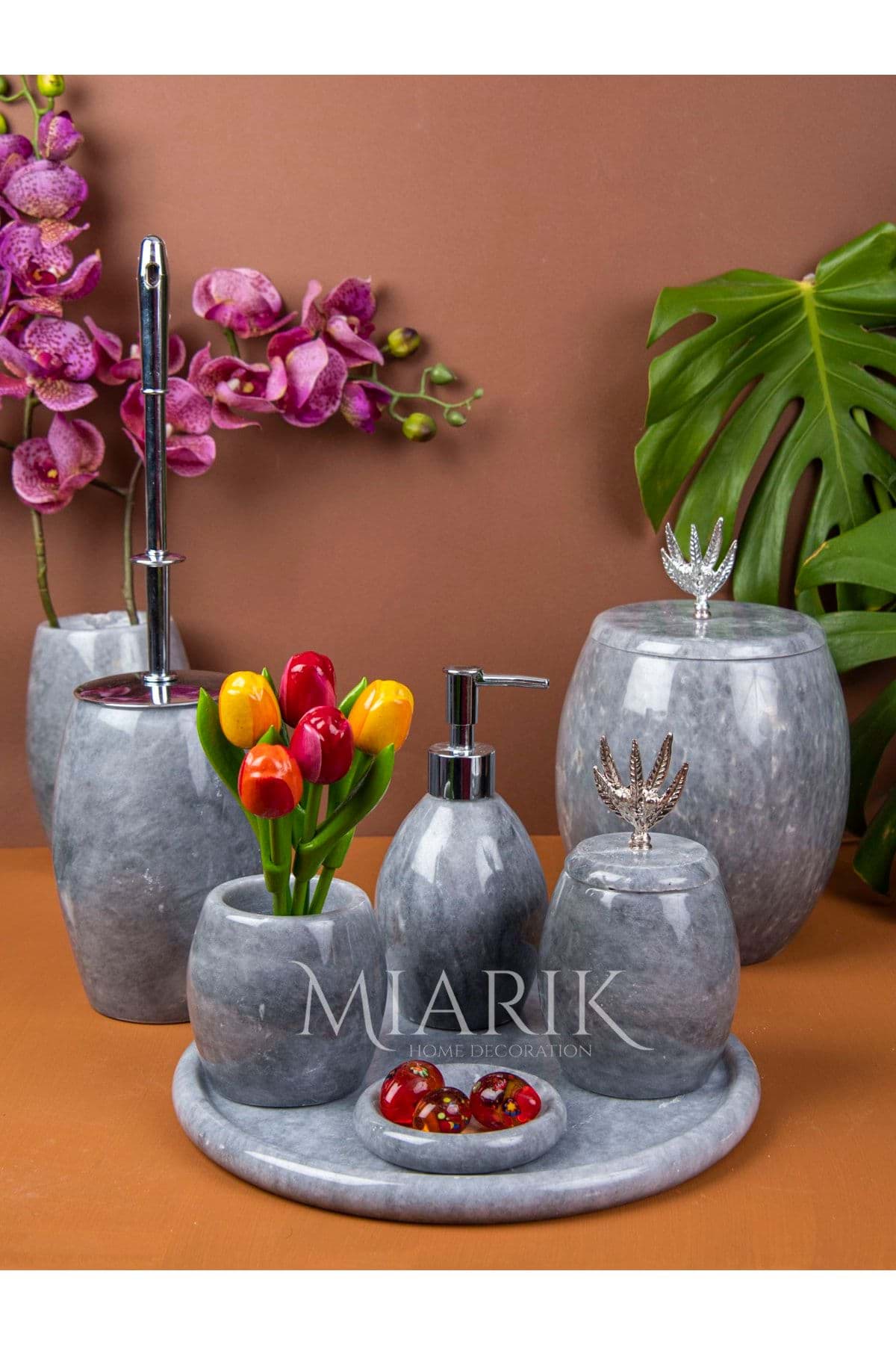 Dekoratif Gri Mermer Banyo Seti Takımı 7 Li Gümüş Zeytin Dali Detaylı Tasarım Set resmi