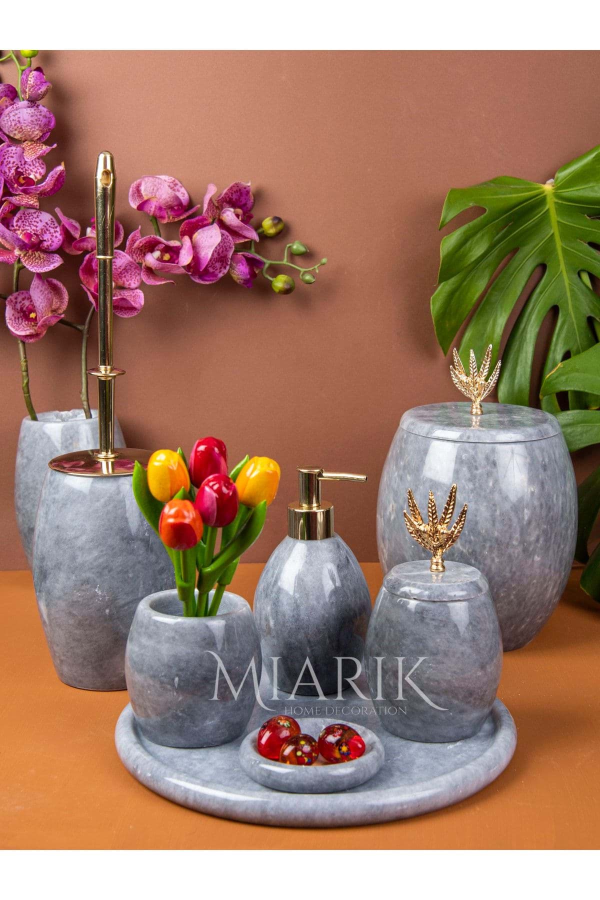 Dekoratif Gri Mermer Banyo Seti Takımı 7 Li Gold Zeytin Dali Detaylı Tasarım Set resmi