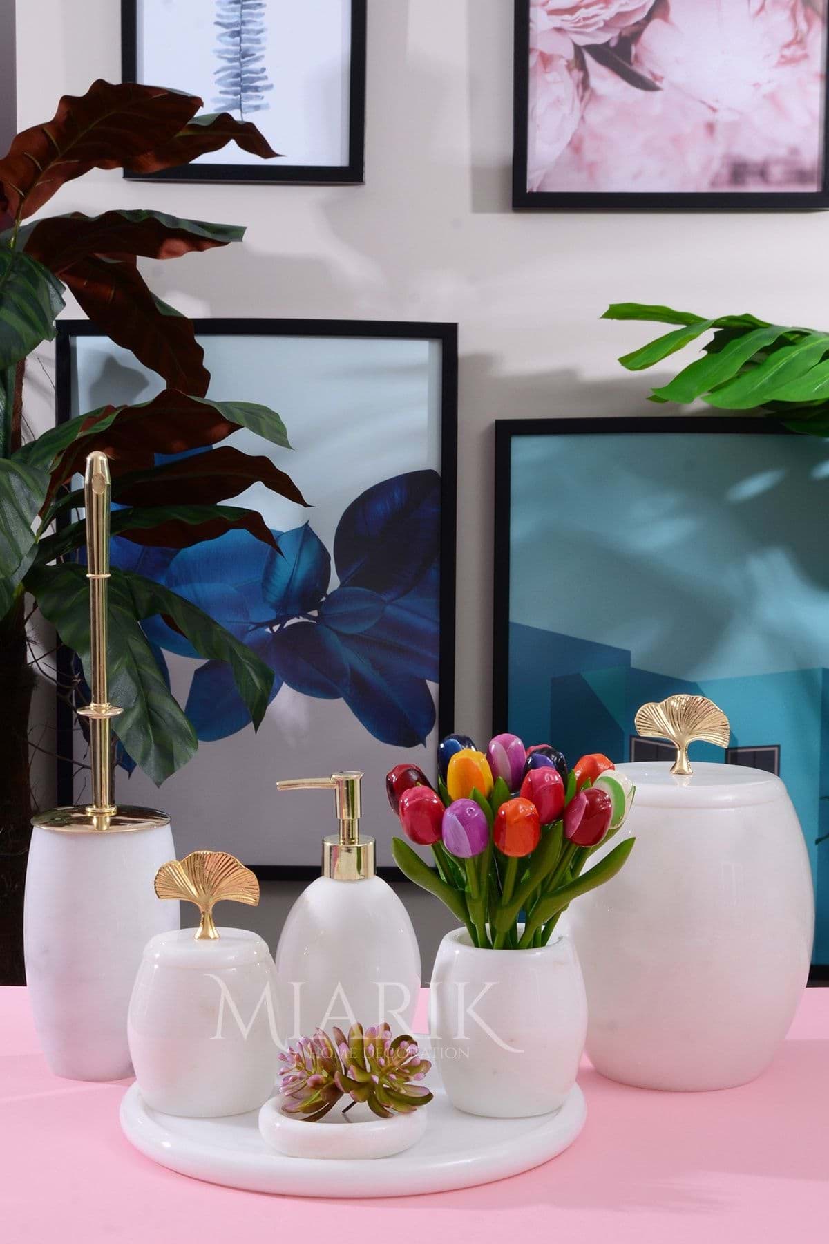 Dekoratif Beyaz Mermer Banyo Seti Takımı 7 Li Gold Ginko Detaylı Tasarım Set resmi