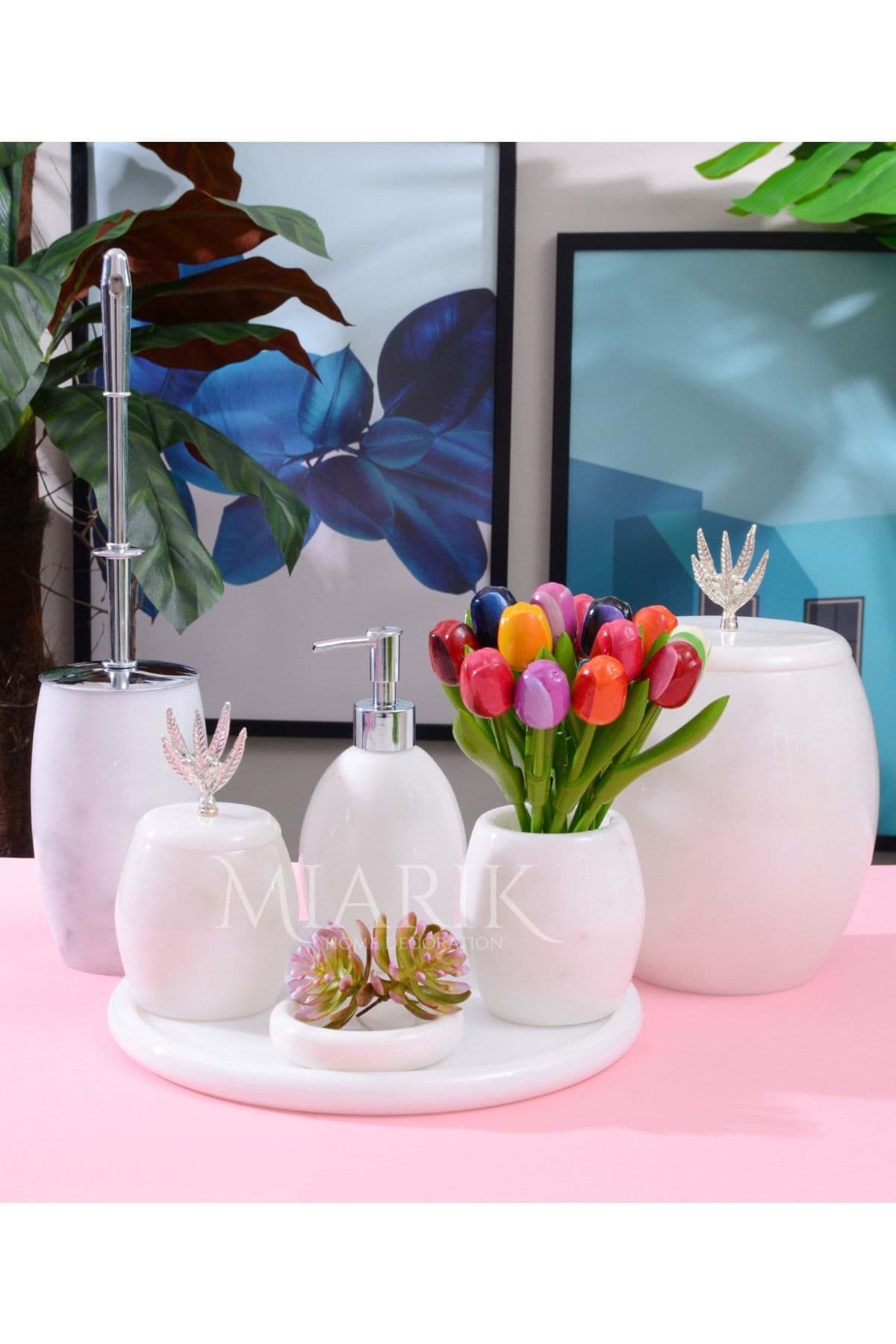 Dekoratif Beyaz Mermer Banyo Seti Takımı 7 Li Gümüş Zeytin Dali Detaylı Tasarım Set resmi