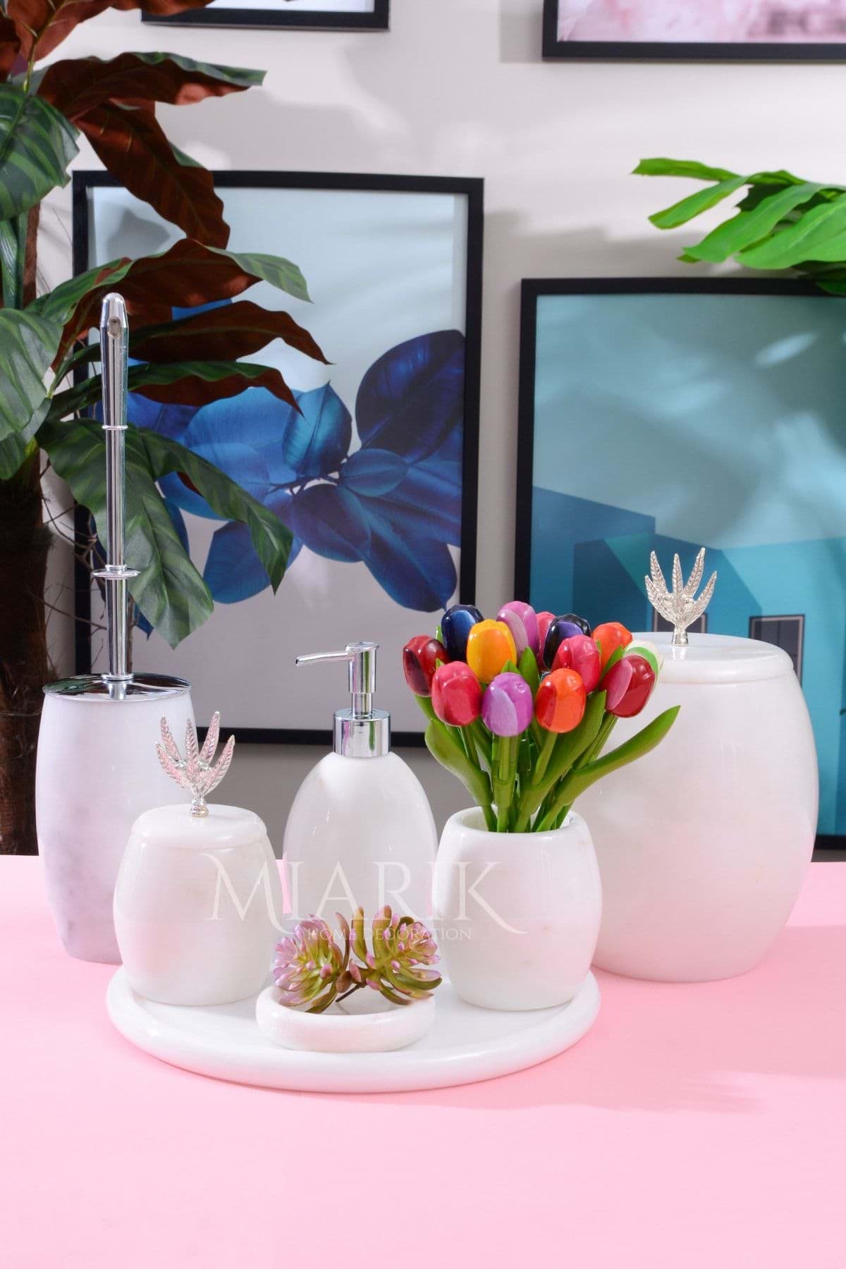 Dekoratif Beyaz Mermer Banyo Seti Takımı 7 Li Gümüş Zeytin Dali Detaylı Tasarım Set resmi