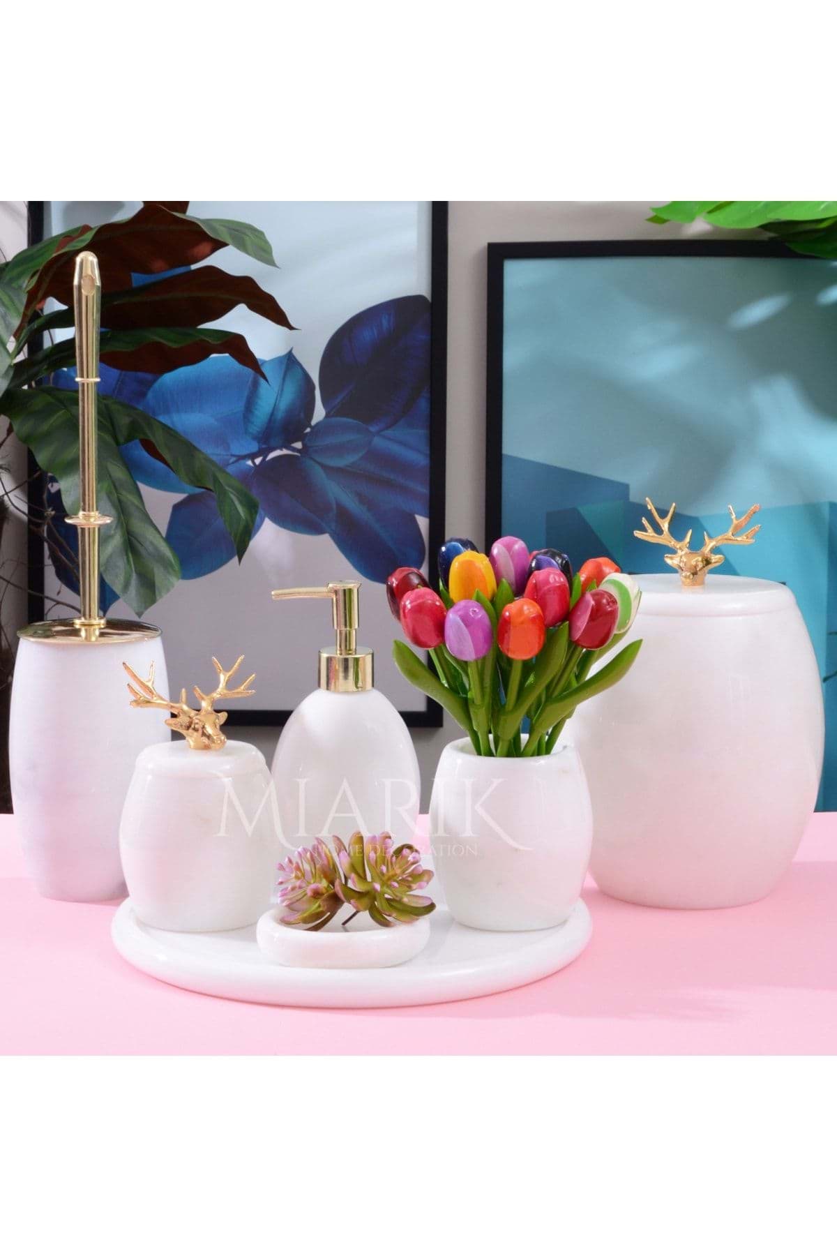 Dekoratif Beyaz Mermer Banyo Seti Takımı 7 Li Gold Geyik Detaylı Tasarım Set resmi