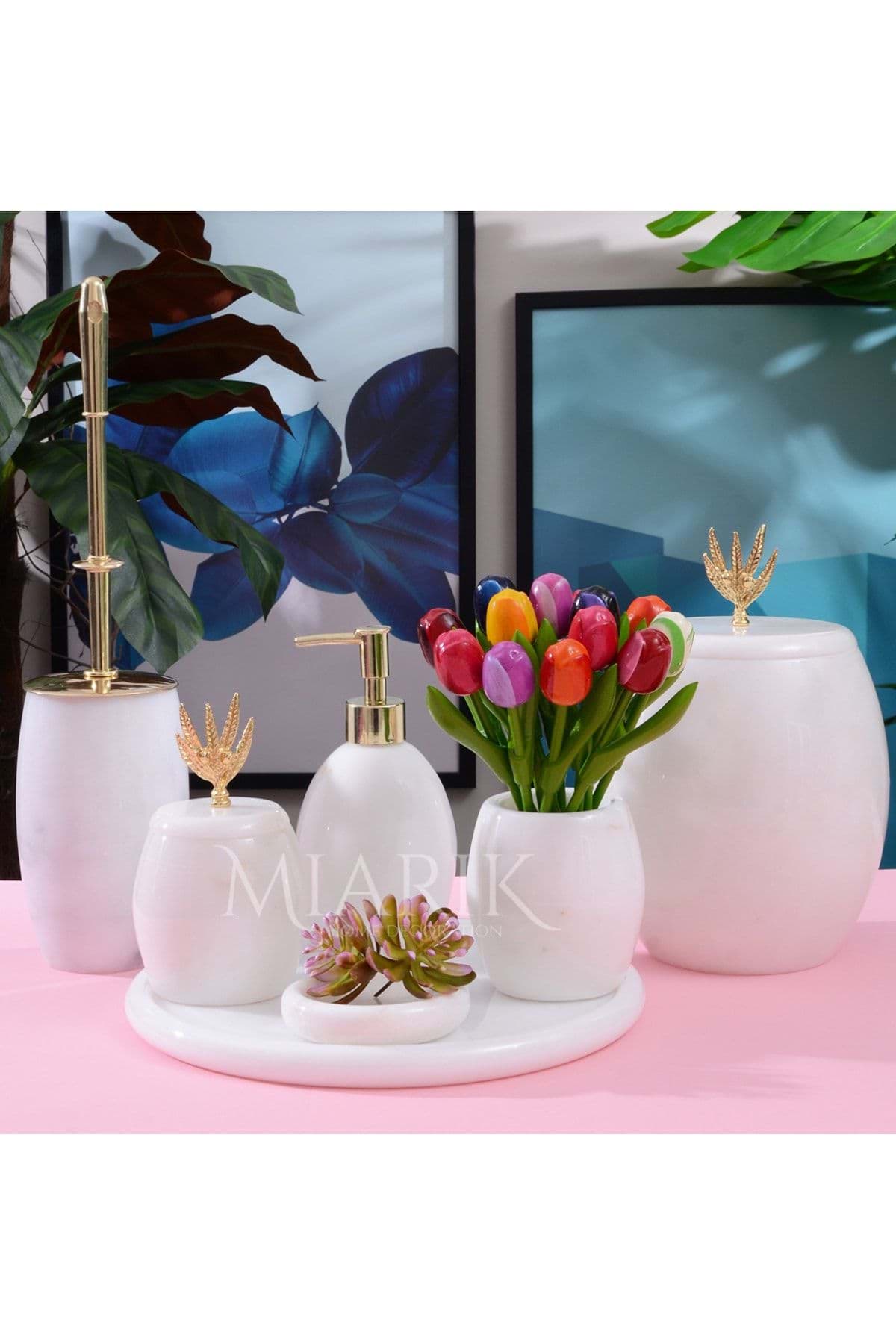 Dekoratif Beyaz Mermer Banyo Seti Takımı 7 Li Gold Zeytin Dali Detaylı Tasarım Set resmi