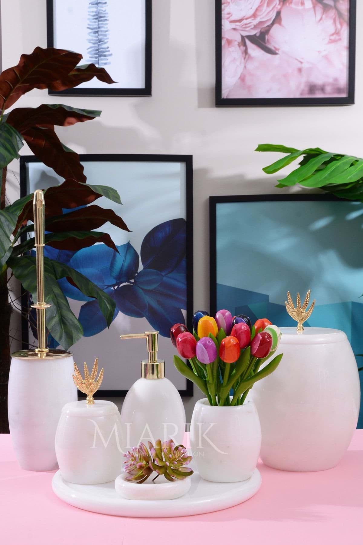 Dekoratif Beyaz Mermer Banyo Seti Takımı 7 Li Gold Zeytin Dali Detaylı Tasarım Set resmi