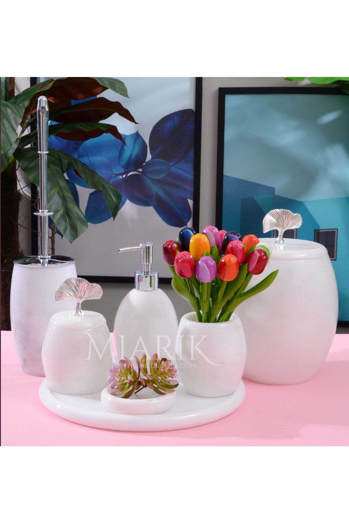 Dekoratif Beyaz Mermer Banyo Seti Takımı 7 Li Gümüş Ginko Detaylı Tasarım Set resmi