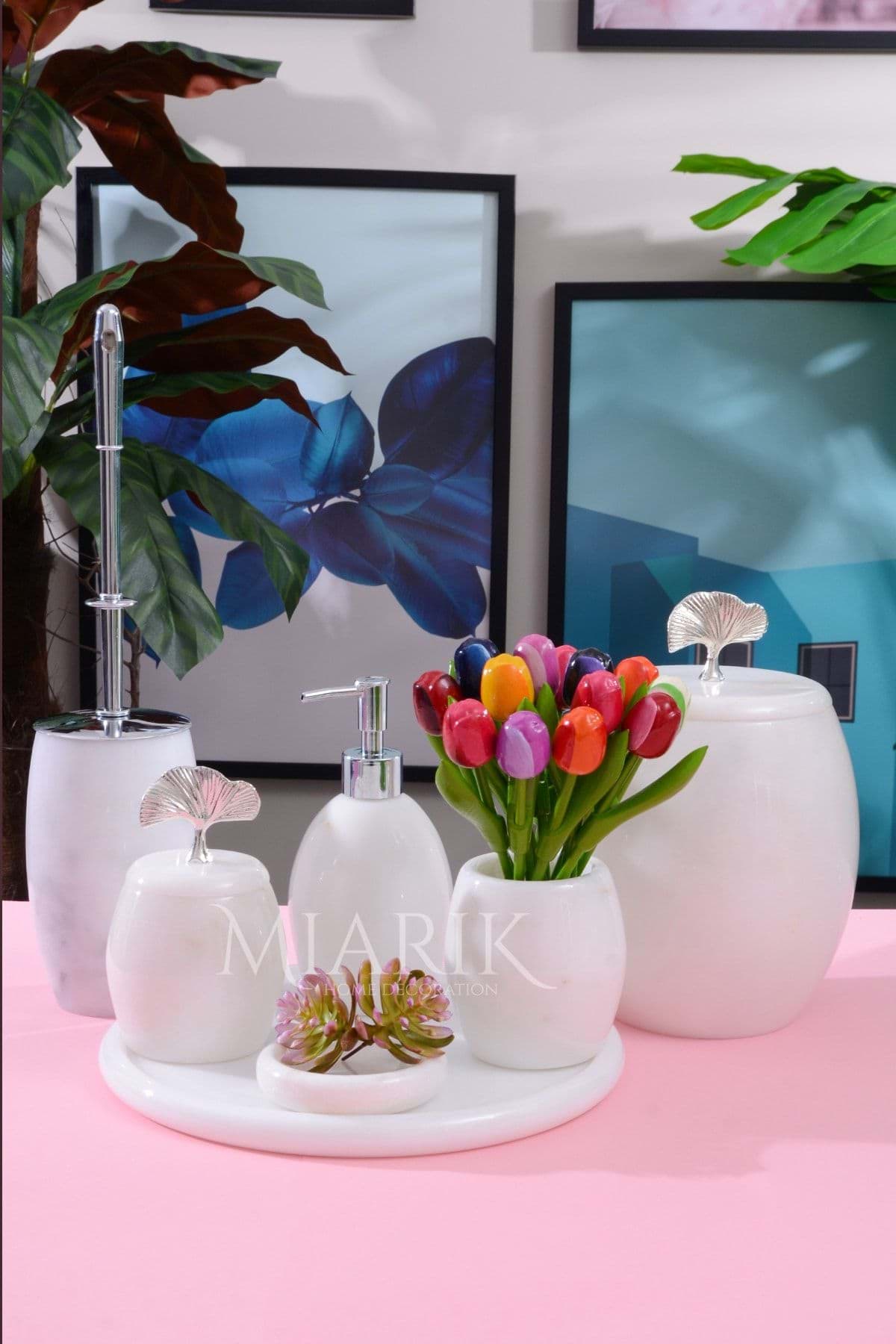 Dekoratif Beyaz Mermer Banyo Seti Takımı 7 Li Gümüş Ginko Detaylı Tasarım Set resmi