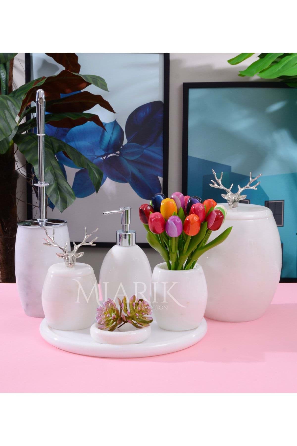 Dekoratif Beyaz Mermer Banyo Seti Takımı 7 Li Gümüş Boynuzlu Geyik Detaylı Tasarım Set resmi