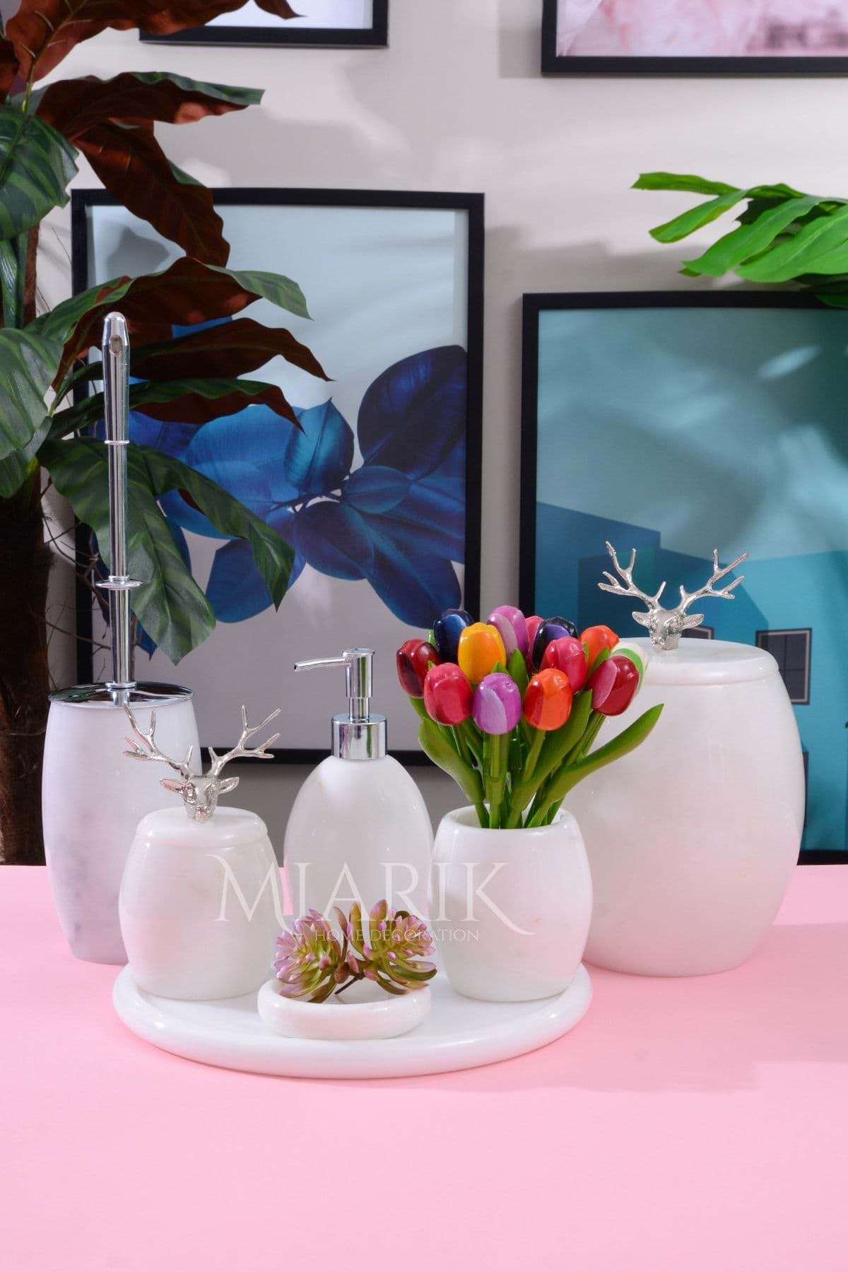 Dekoratif Beyaz Mermer Banyo Seti Takımı 7 Li Gümüş Boynuzlu Geyik Detaylı Tasarım Set resmi