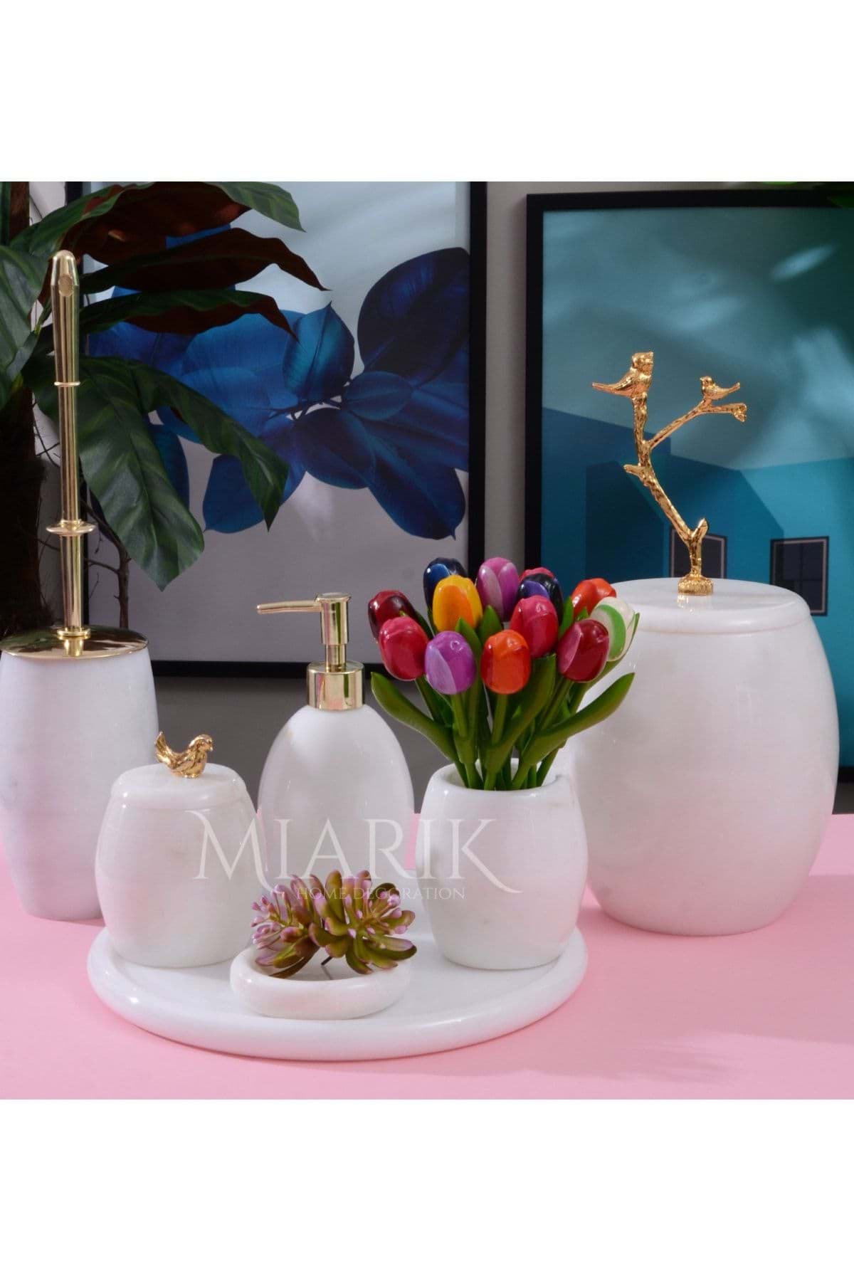 Dekoratif Beyaz Mermer Banyo Seti Takımı 7 Li Gold Dalda Kus Detaylı Tasarım Set resmi