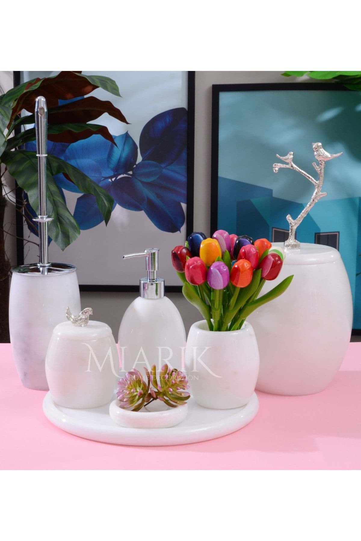 Dekoratif Beyaz Mermer Banyo Seti Takımı 7 Li Gümüş Dalda Kuş Detaylı Tasarım Set resmi