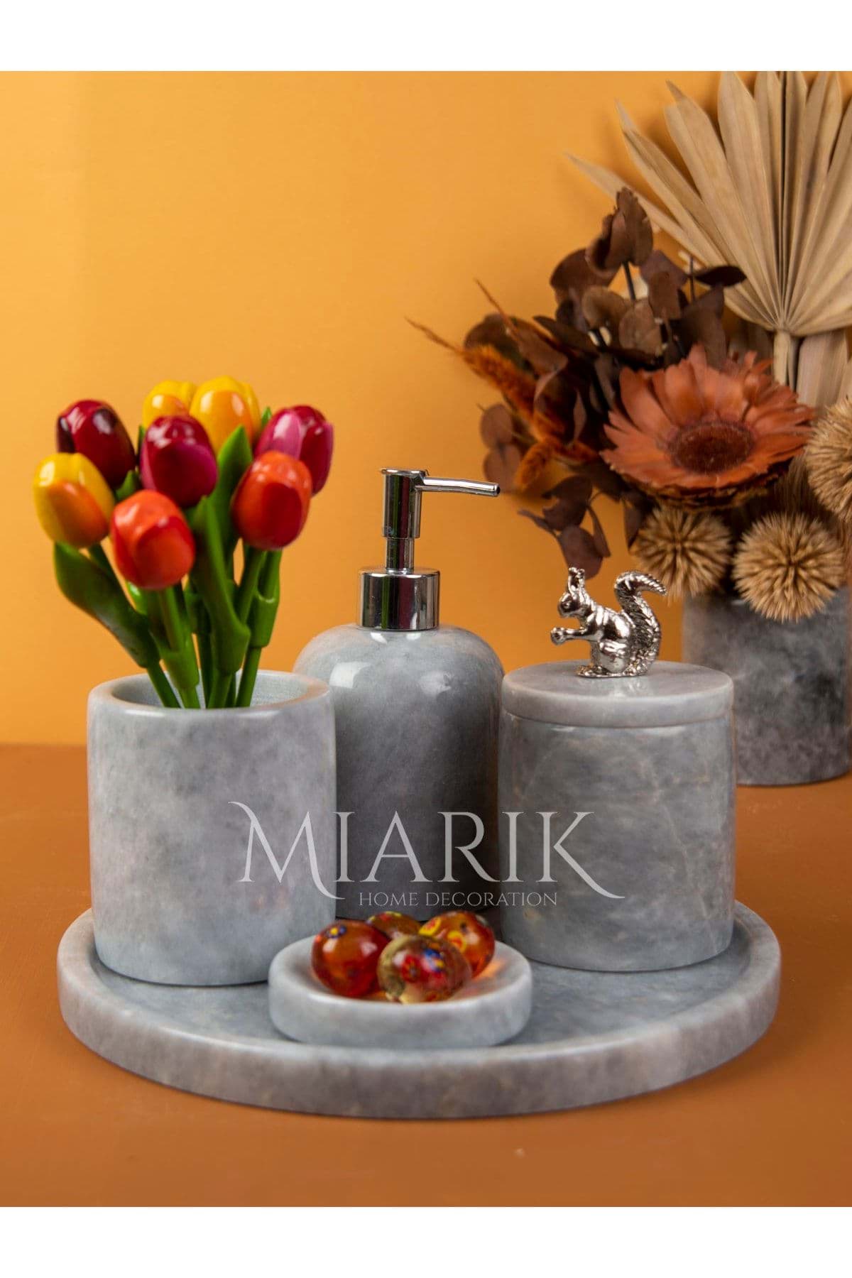 Dekoratif Grı Mermer Gümüş Sıncap Detaylı 5 Li Banyo Seti Takımı resmi