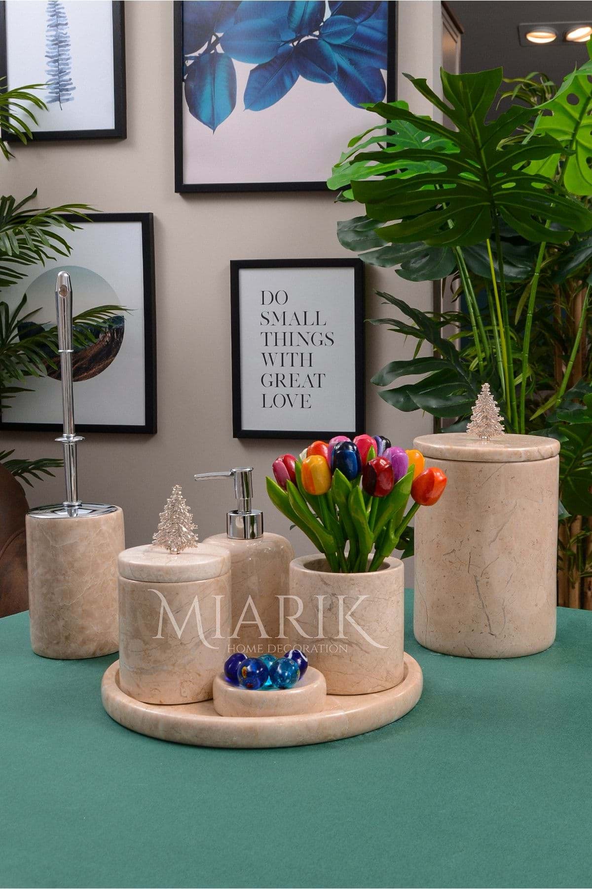 Dekoratif Bej Renk Mermer Gümüş Cam Agacı Detaylı 7 Li Banyo Seti Takımı resmi