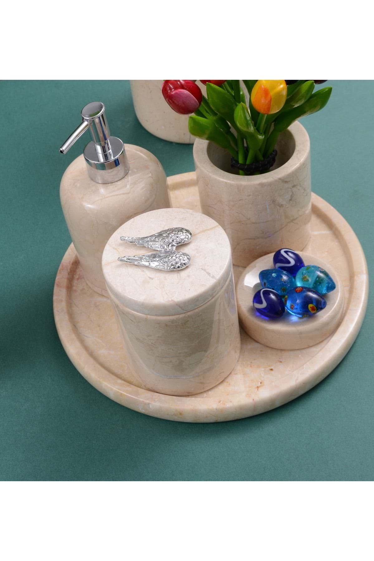 Dekoratif Bej Renk Mermer Gümüş Melek Kanadı Detaylı 7 Li Banyo Seti Takımı resmi