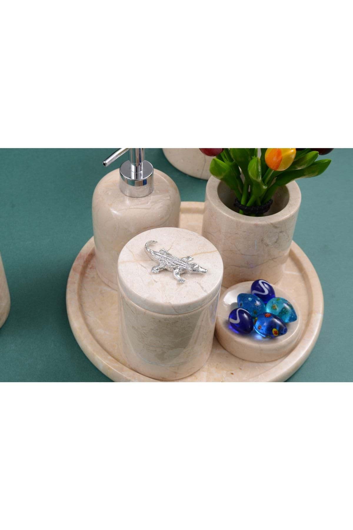 Dekoratif Bej Renk Mermer Gümüş Tımsah Detaylı 7 Li Banyo Seti Takımı resmi