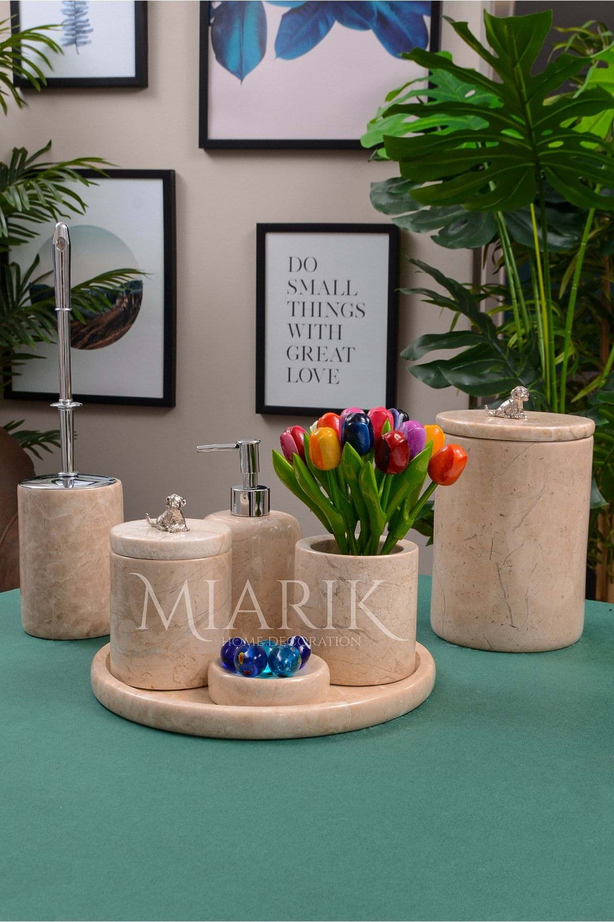 Dekoratif Bej Renk Mermer Gümüş Kopek Detaylı 7 Li Banyo Seti Takımı resmi