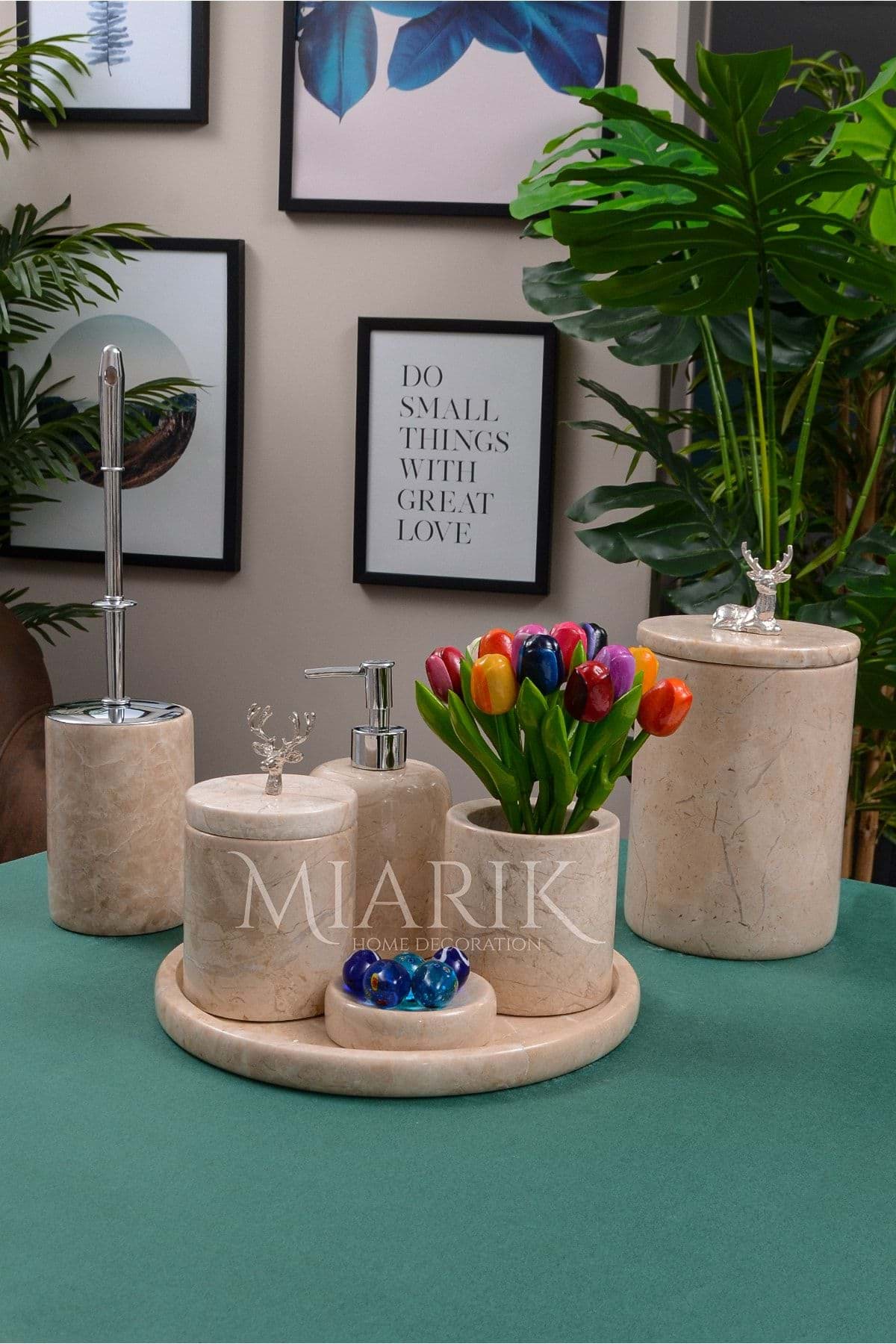 Dekoratif Bej Renk Mermer Gümüş Geyık Detaylı 7 Li Banyo Seti Takımı resmi