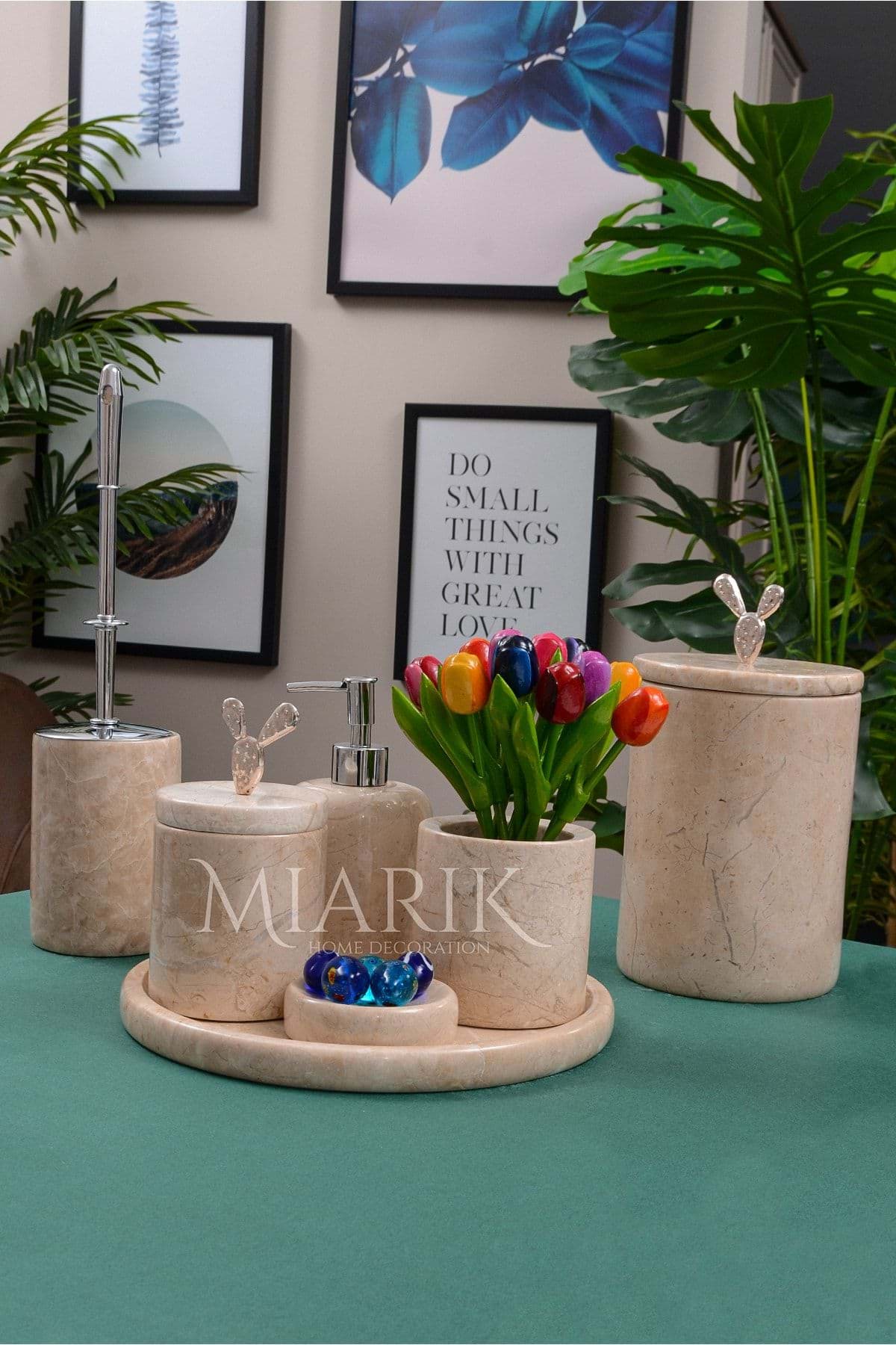 Dekoratif Bej Renk Mermer Gümüş Kaktus Detaylı 7 Li Banyo Seti Takımı resmi