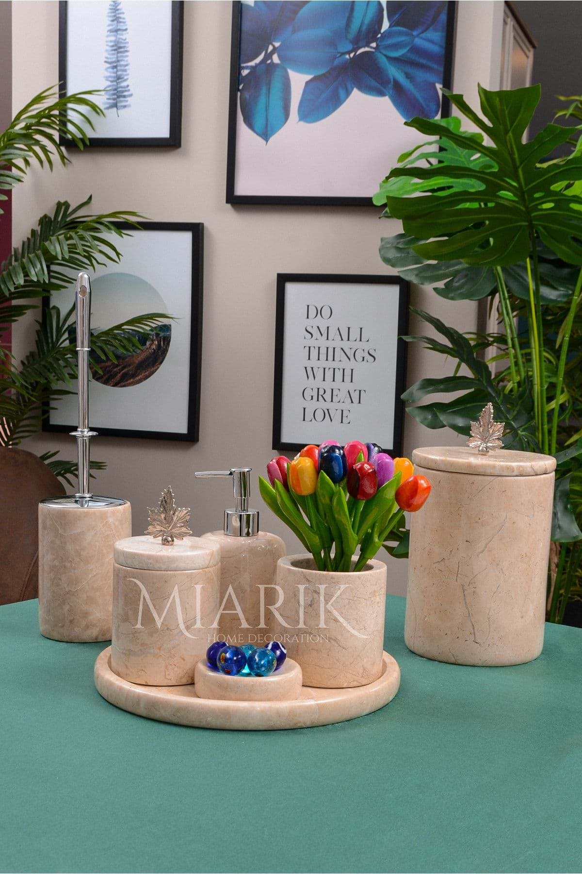 Dekoratif Bej Renk Mermer Gümüş Cınar Yapragı Detaylı 7 Li Banyo Seti Takımı resmi