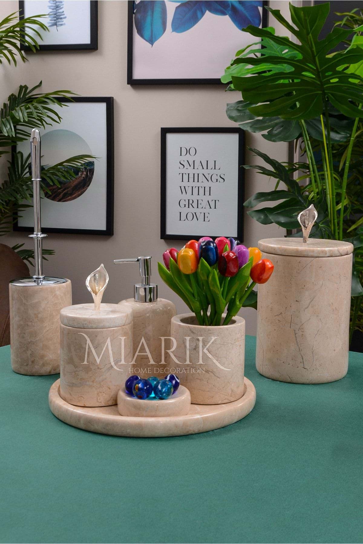 Dekoratif Bej Renk Mermer Gümüş Orkıde Detaylı 7 Li Banyo Seti Takımı resmi