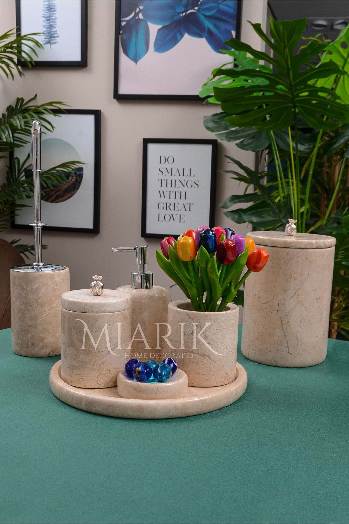 Dekoratif Bej Renk Mermer Gümüş Nar Detaylı 7 Li Banyo Seti Takımı resmi