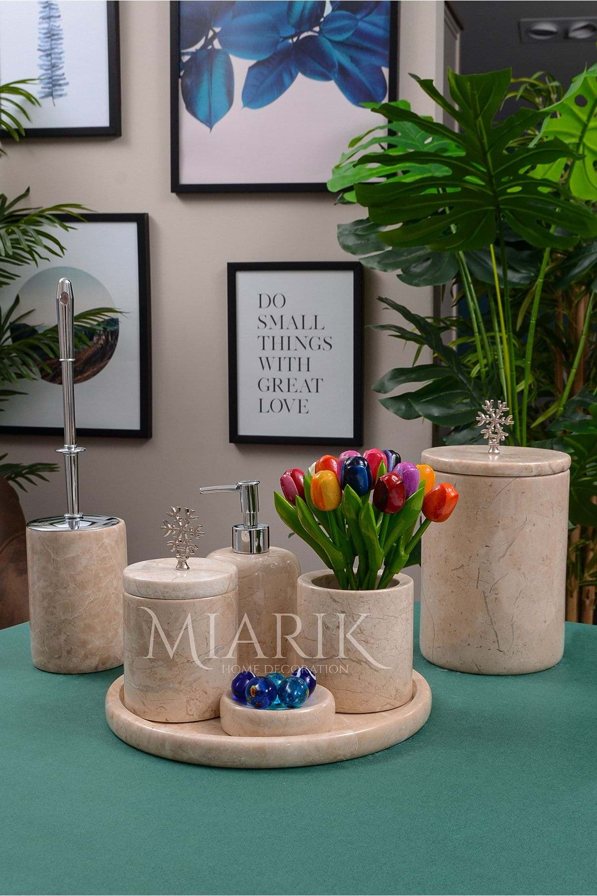 Dekoratif Bej Renk Mermer Gümüş Kar Tanesı Detaylı 7 Li Banyo Seti Takımı resmi