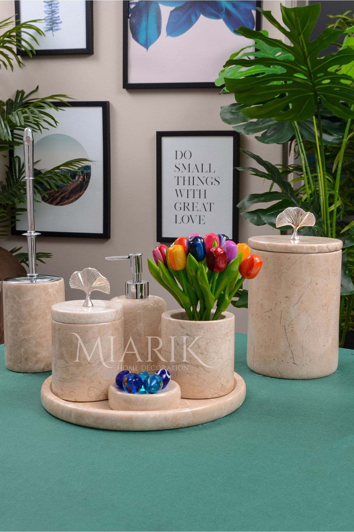 Dekoratif Bej Renk Mermer Gümüş Gonk Detaylı 7 Li Banyo Seti Takımı resmi