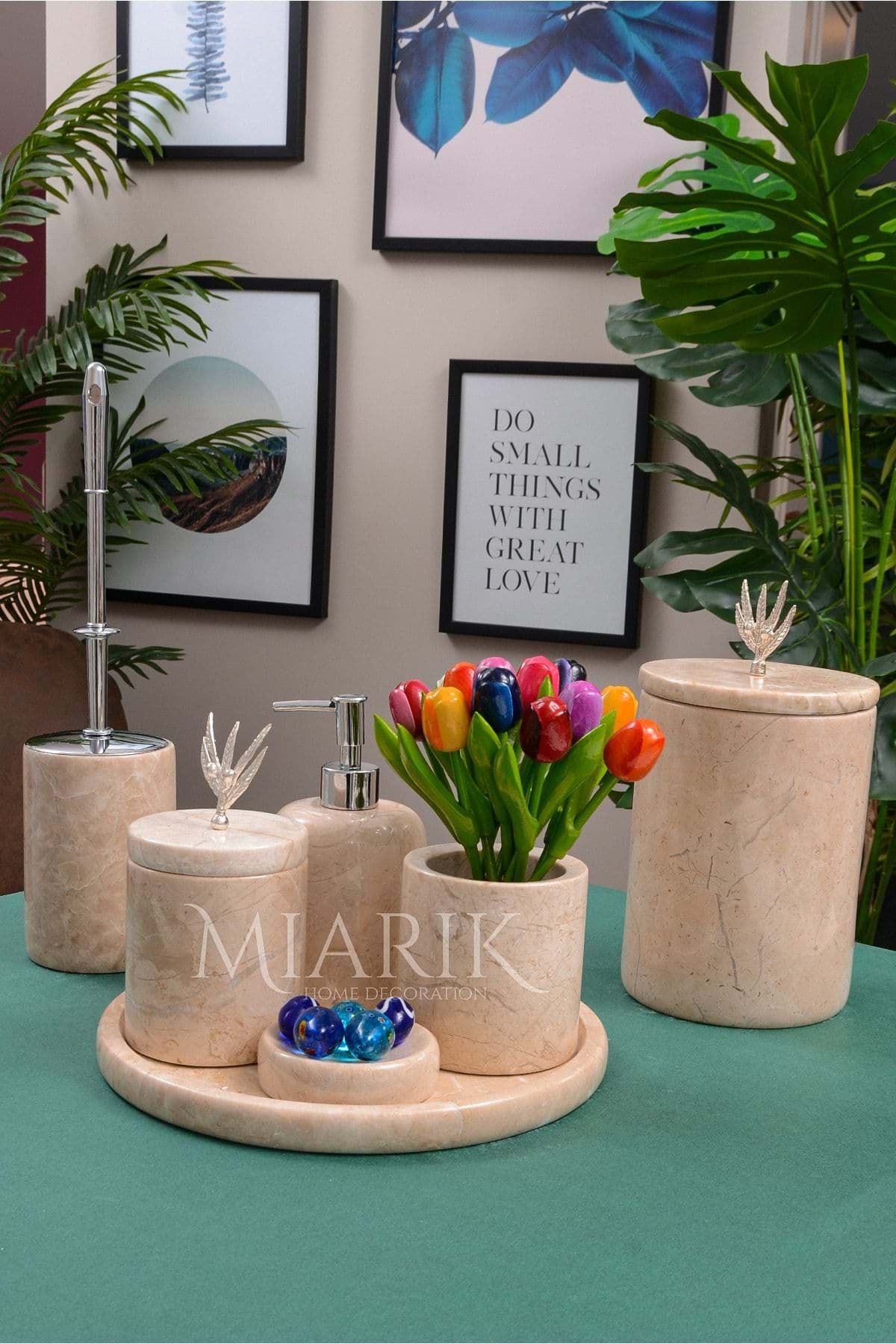 Dekoratif Bej Renk Mermer Gümüş Zeytin Dali Detaylı 7 Li Banyo Seti Takımı resmi