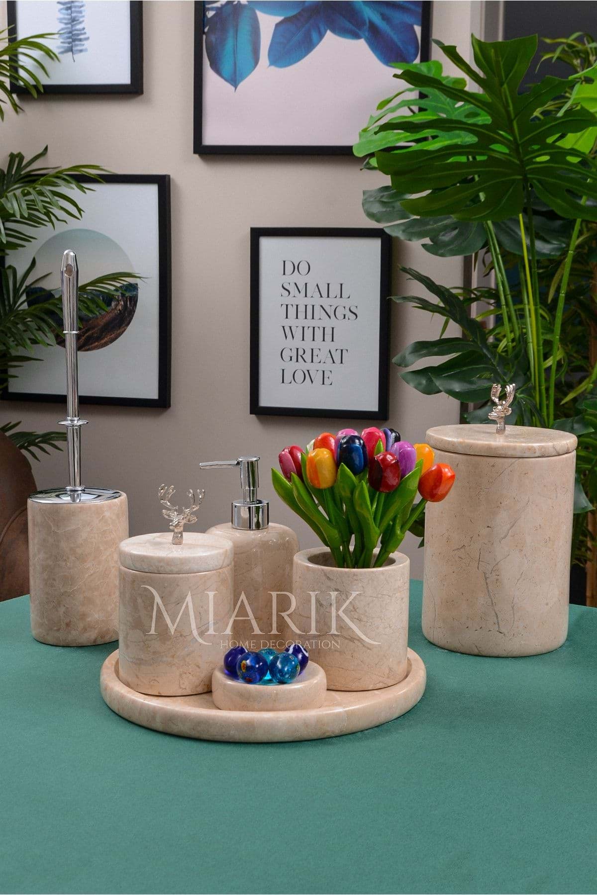 Dekoratif Bej Renk Mermer Gümüş Geyık Detaylı 7 Li Banyo Seti Takımı resmi