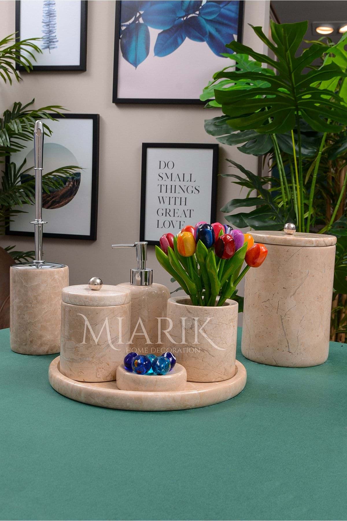 Dekoratif Bej Renk Mermer Gümüş Top Detaylı 7 Li Banyo Seti Takımı resmi