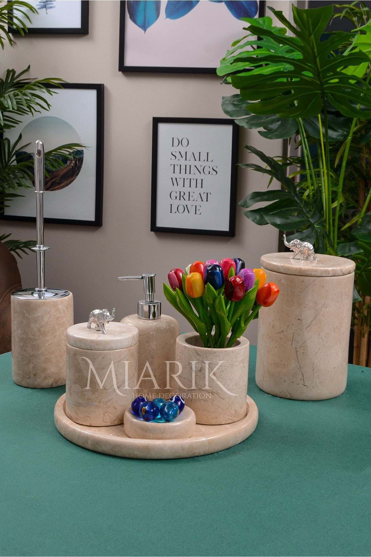 Dekoratif Bej Renk Mermer Gümüş Fil Detaylı 7 Li Banyo Seti Takımı resmi