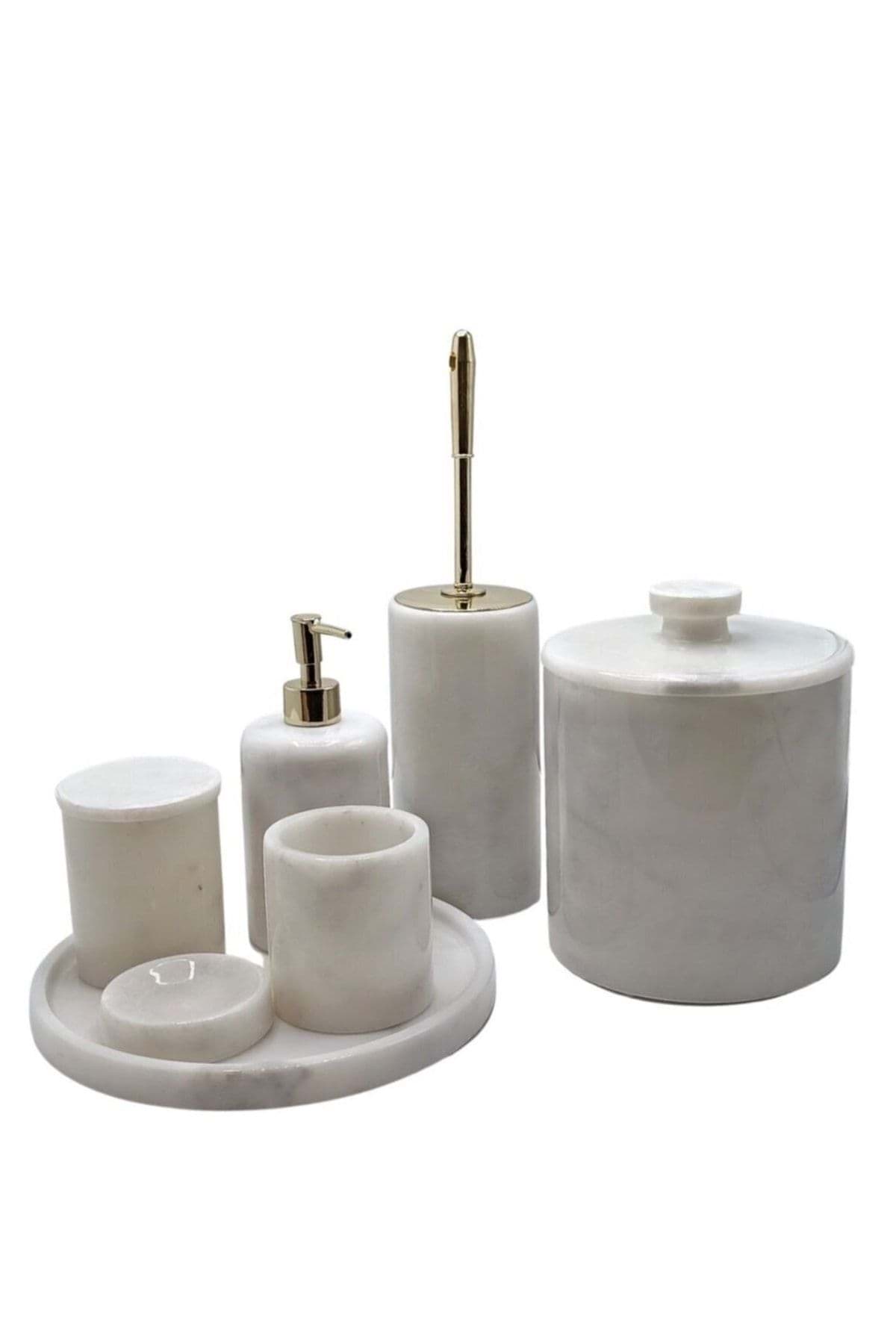 Dekoratif Beyaz Mermer Gold Detaylı 7 Li Banyo Seti Takımı resmi